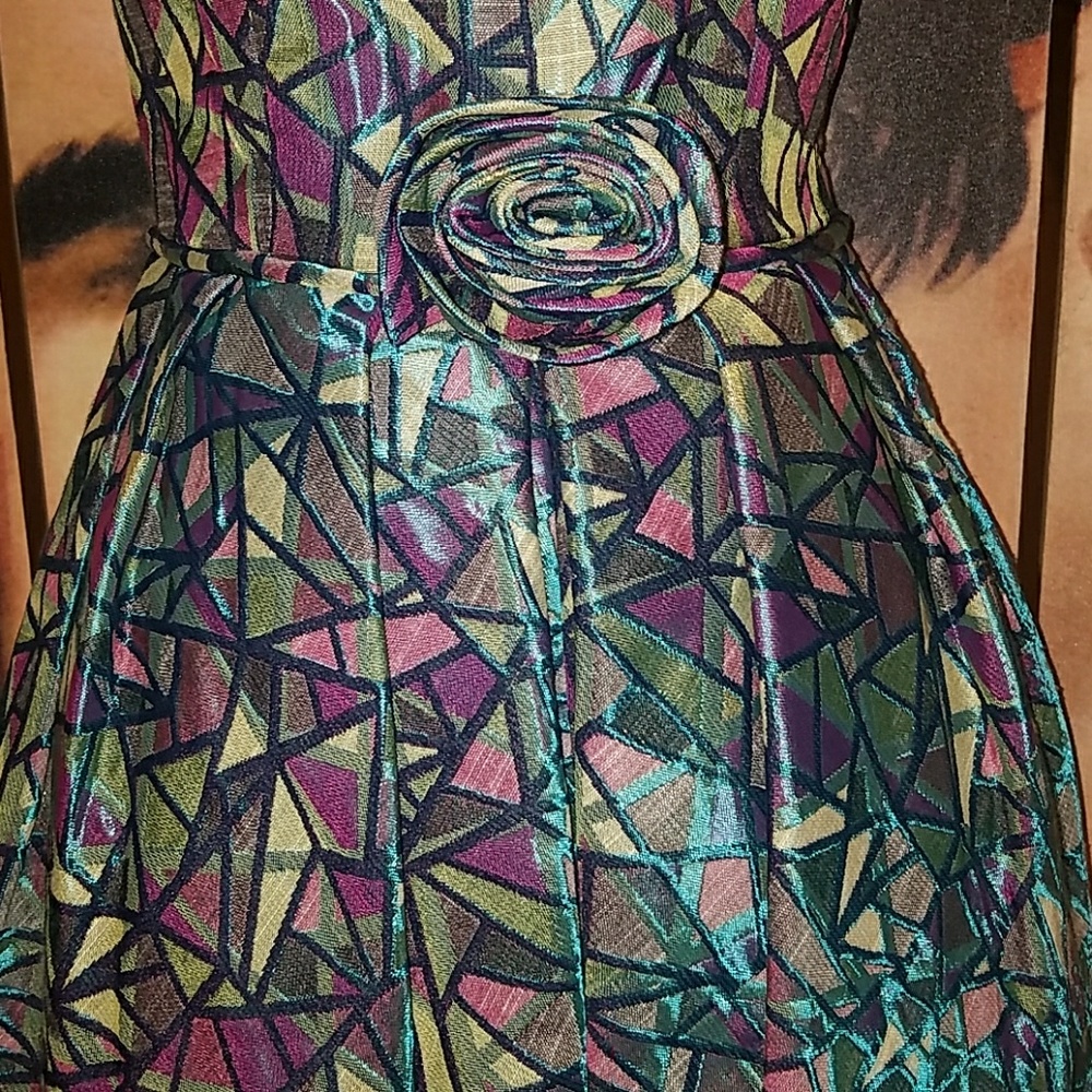 Tatyana Bubble Vintage Art Deco 1950’s Vogue Blue Geo Rose Twist Bow Pinup Dress - Picture 4 of 9